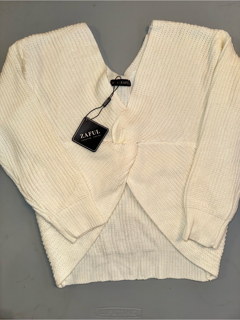 Zaful Cream V-Neck Twist-Front Knit Sweater